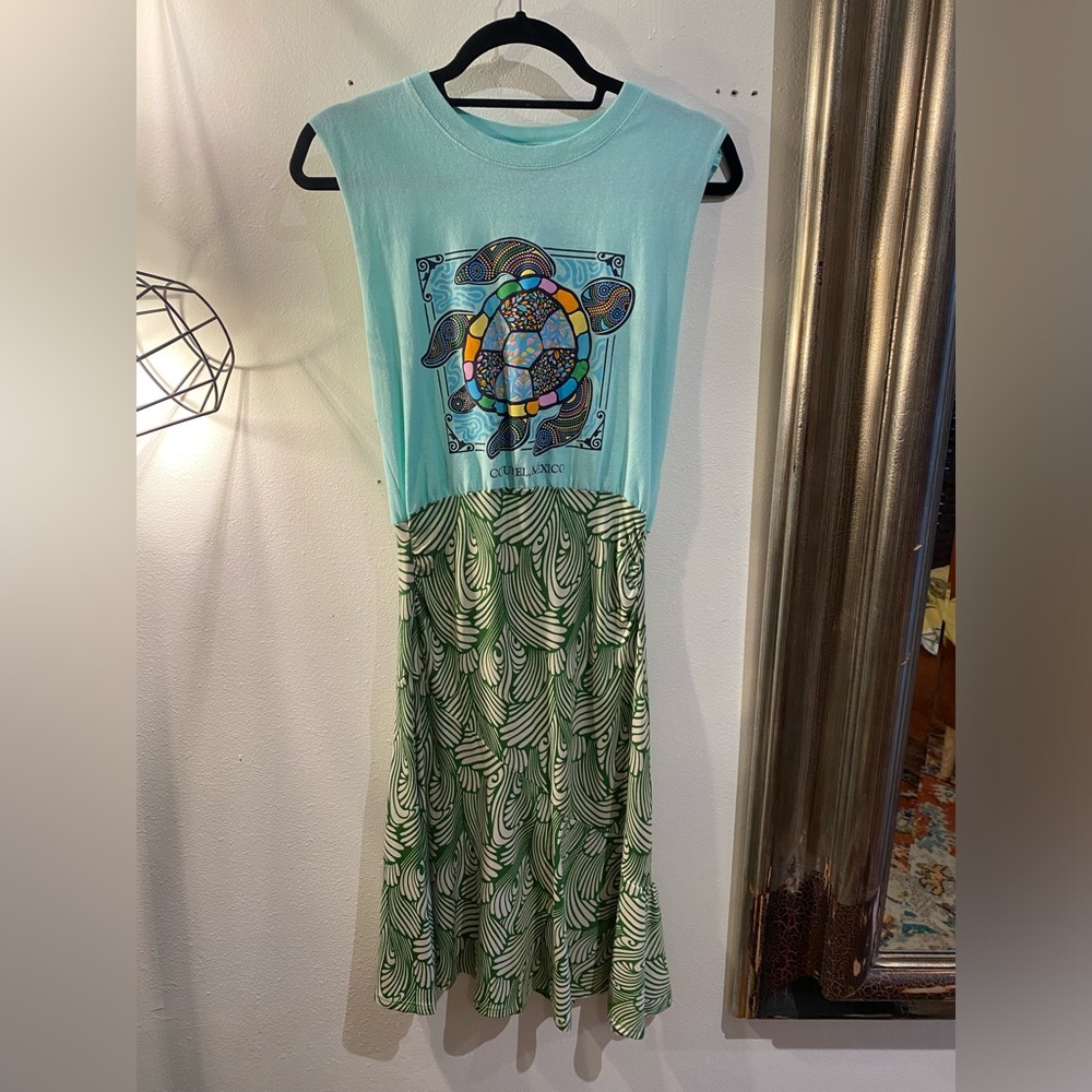OOAK Upcycled Cozumel MX tank with stretch kick Colorful Turtle Graphic Dress